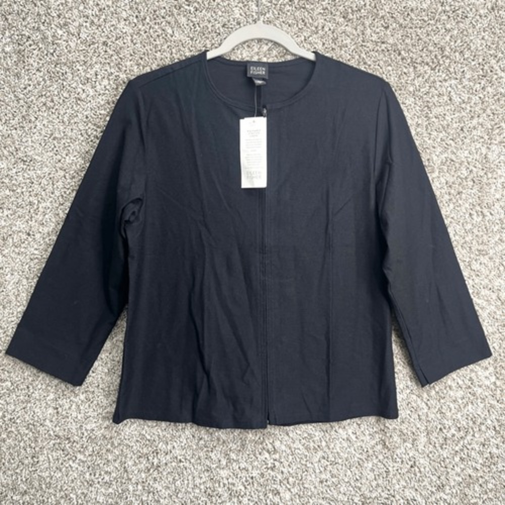 Eileen Fisher Jacket Women's M Black Washable Stretch‎ Crepe 3/4 Sleeve Full Zip